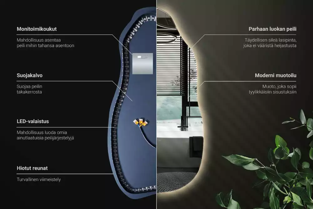 Asymetrické zrcadlo s LED podsvícením jako originální závěsný kousek