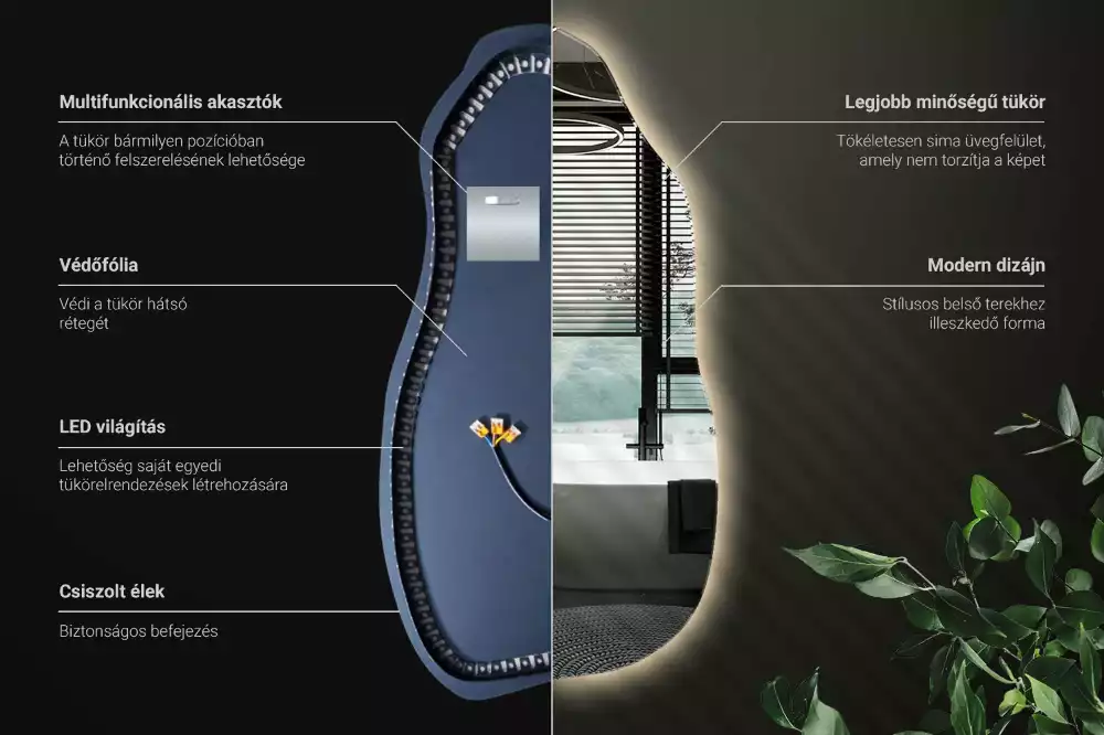 Asymetrické zrcadlo s LED podsvícením jako originální závěsný kousek