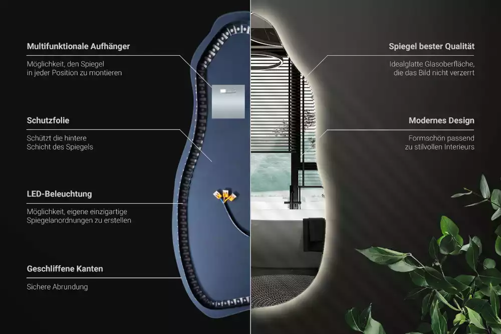 Asymetrické zrcadlo s LED podsvícením jako originální závěsný kousek