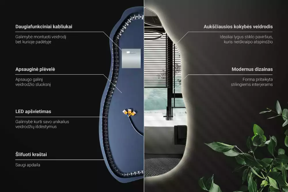 Asymetrické zrcadlo s LED podsvícením jako originální závěsný kousek