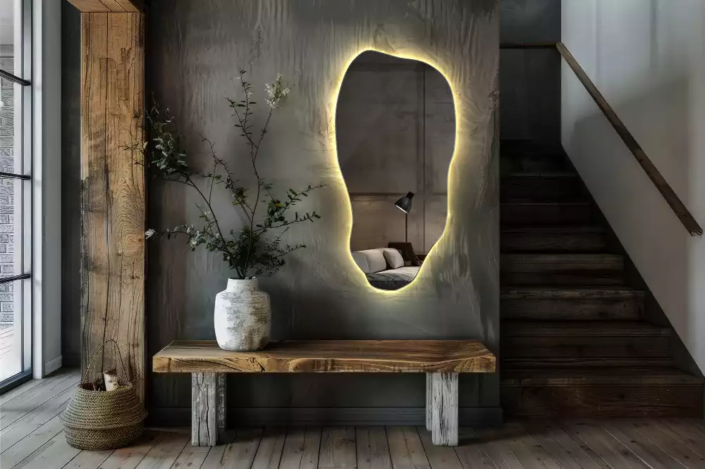 Asymetrické zrcadlo s LED podsvícením jako originální závěsný kousek