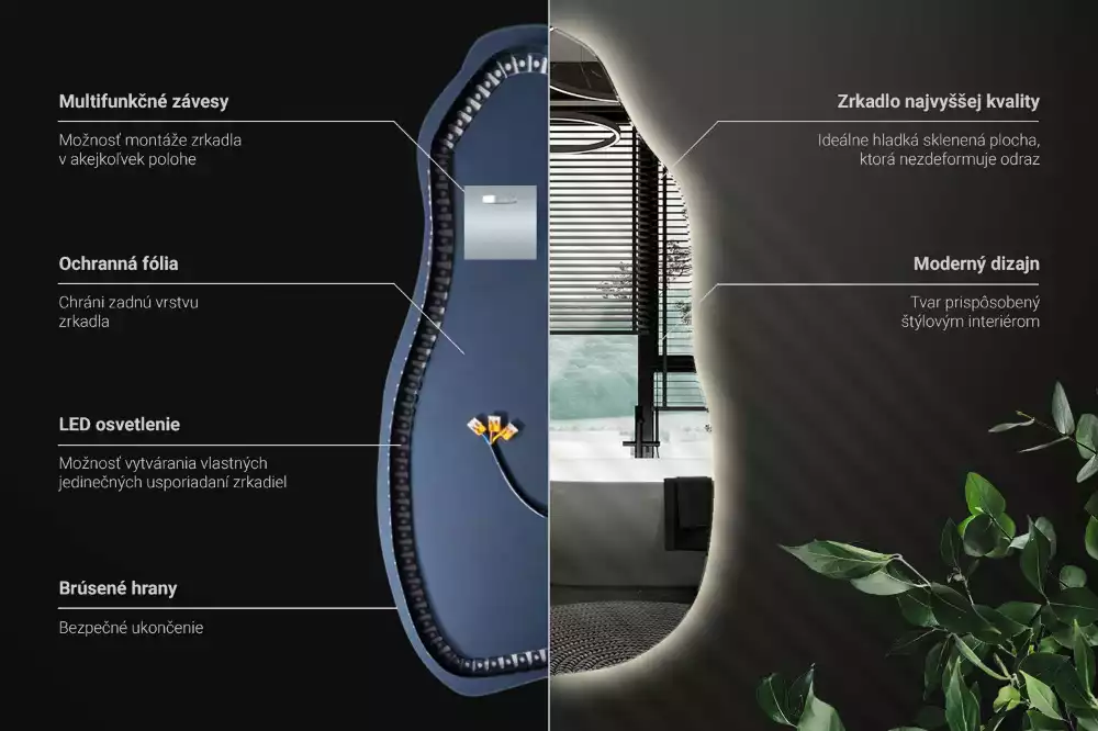 Asymetrické zrcadlo s LED podsvícením jako originální závěsný kousek