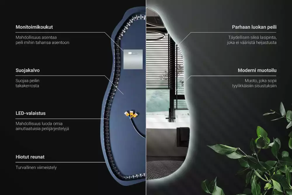 Asymetrické zrcadlo s LED podsvícením jako originální závěsný kousek