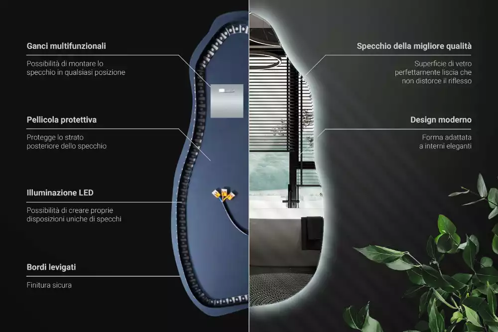 Asymetrické zrcadlo s LED podsvícením jako originální závěsný kousek