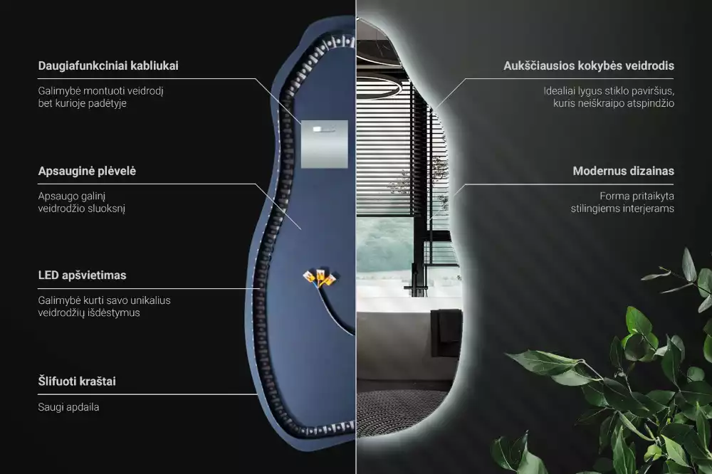 Asymetrické zrcadlo s LED podsvícením jako originální závěsný kousek