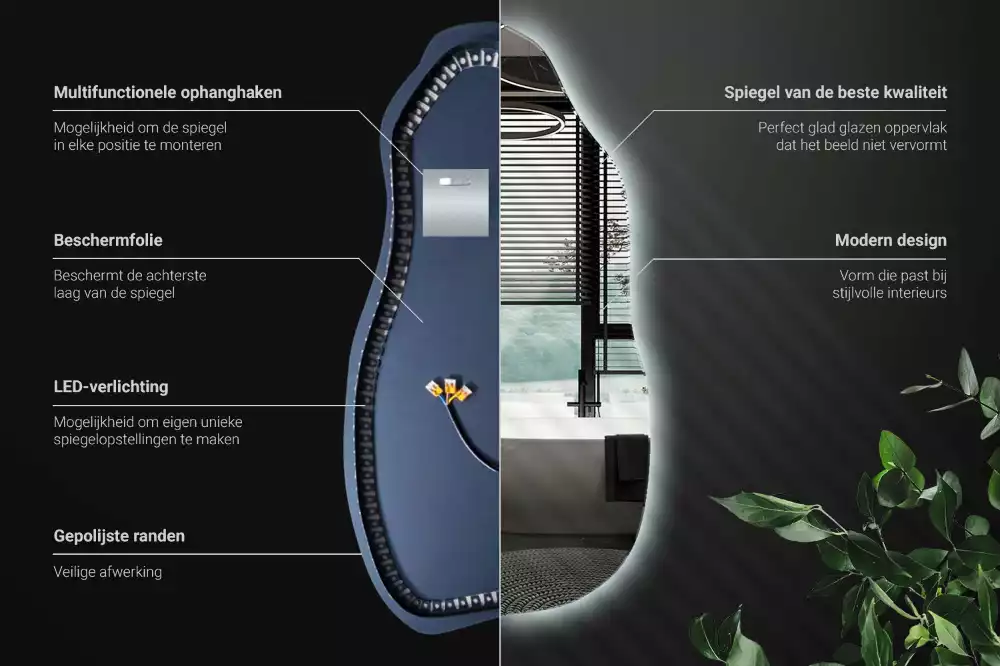 Asymetrické zrcadlo s LED podsvícením jako originální závěsný kousek