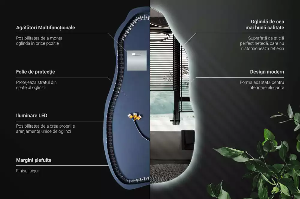 Asymetrické zrcadlo s LED podsvícením jako originální závěsný kousek