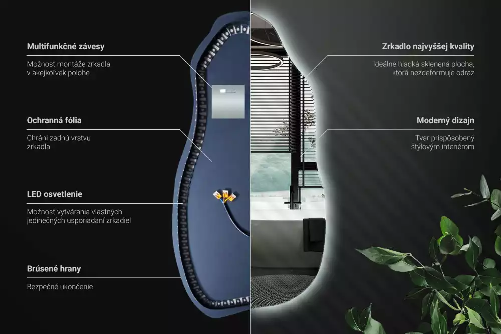 Asymetrické zrcadlo s LED podsvícením jako originální závěsný kousek