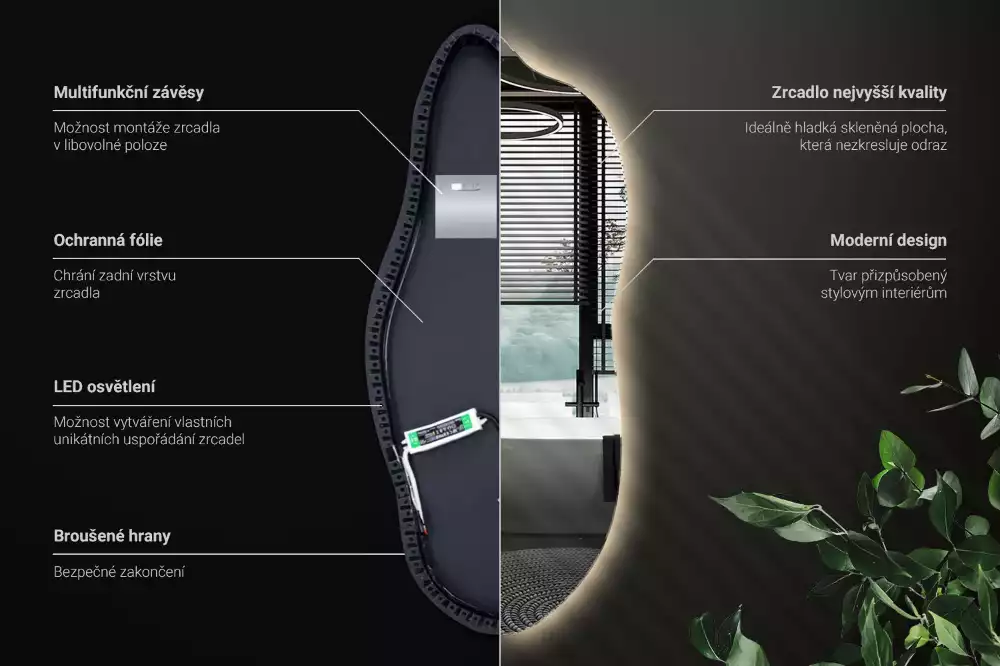 Organické zrcadlo se zabudovaným LED osvětlením, vhodné k zavěšení