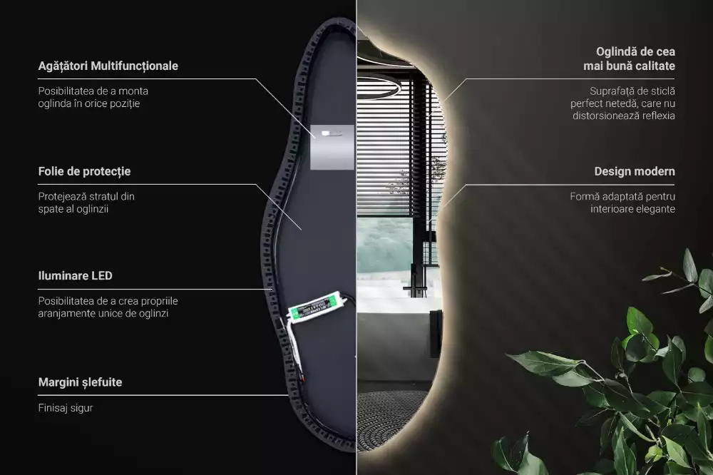 Organické zrcadlo se zabudovaným LED osvětlením, vhodné k zavěšení