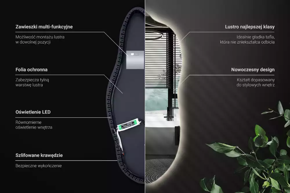 Organické zrcadlo se zabudovaným LED osvětlením, vhodné k zavěšení