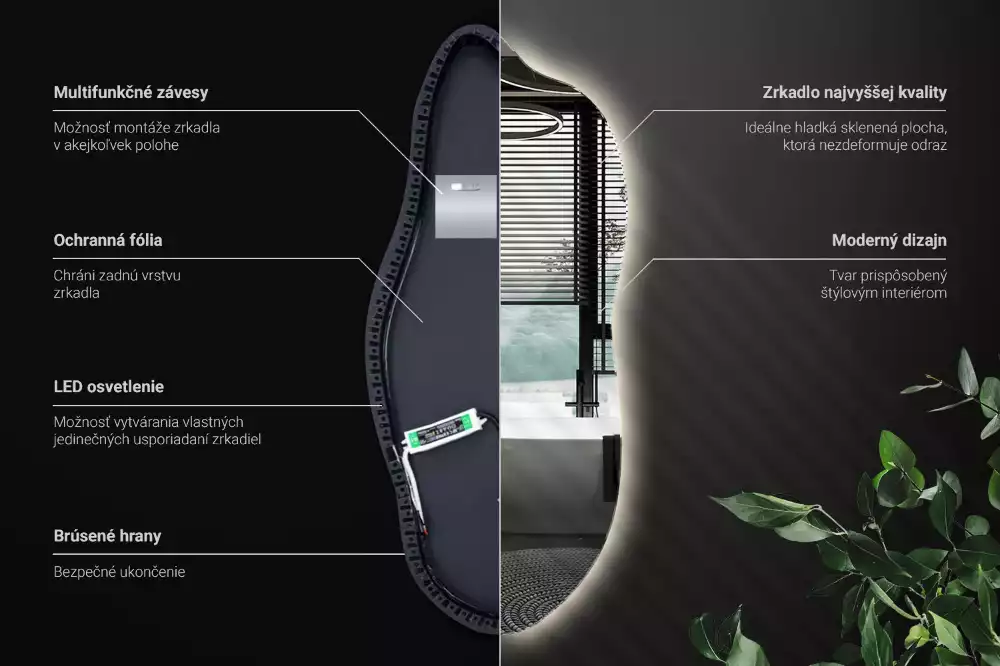 Organické zrcadlo se zabudovaným LED osvětlením, vhodné k zavěšení