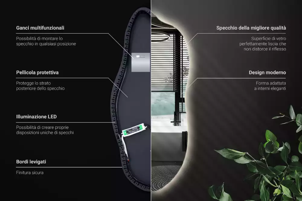 Organické zrcadlo se zabudovaným LED osvětlením, vhodné k zavěšení