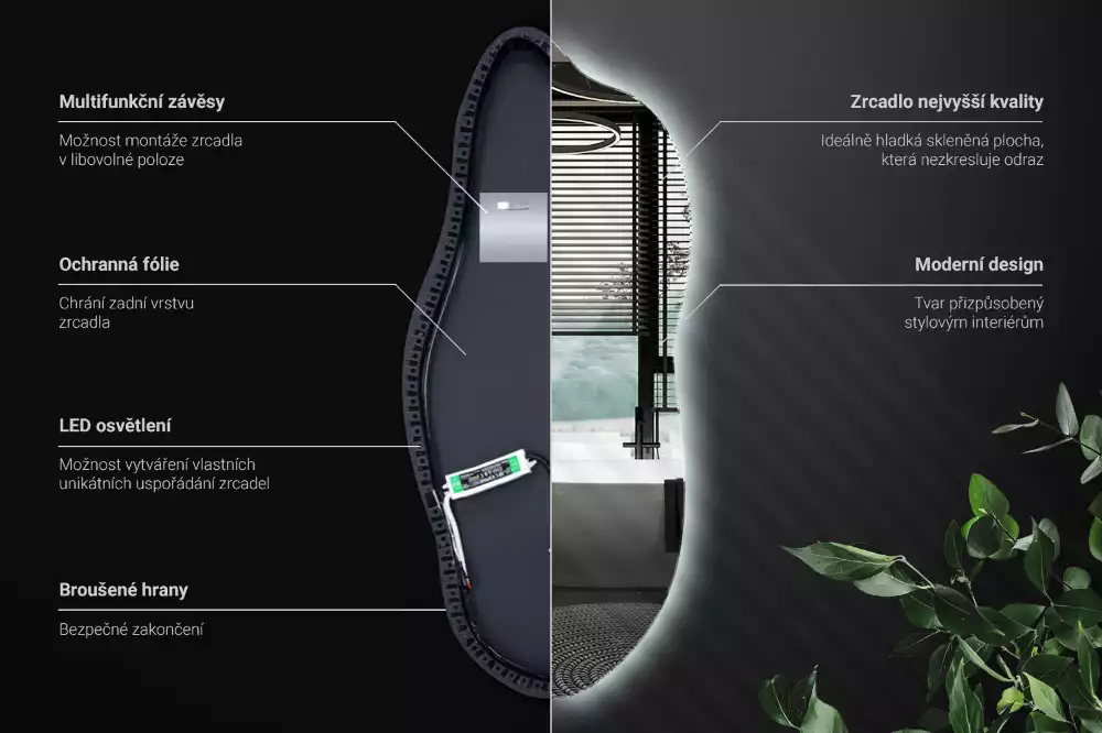 Organické zrcadlo se zabudovaným LED osvětlením, vhodné k zavěšení