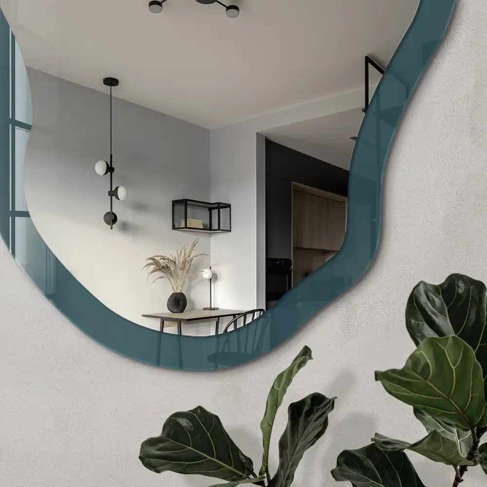Dekorativní nepravidelné zrcadlo s potiskem v tmavě tyrkysové barvě