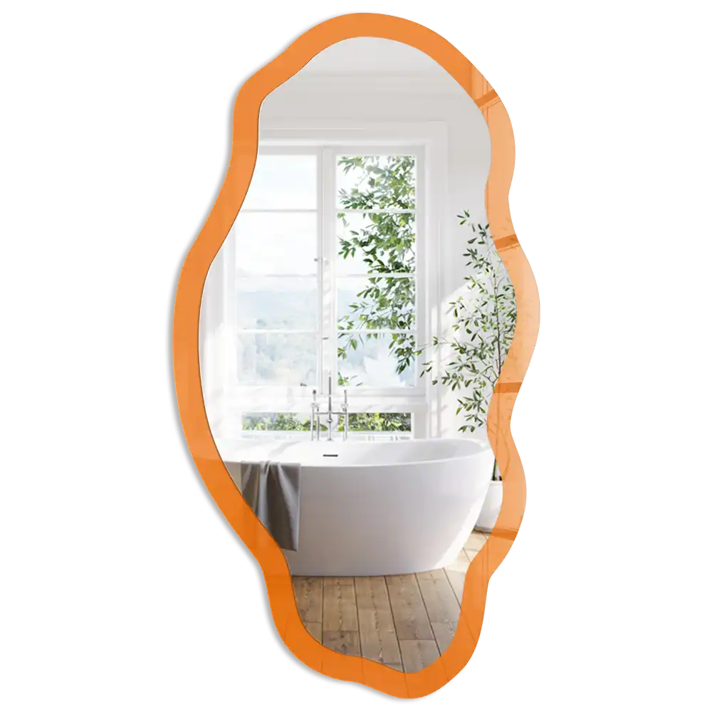 Nepravidelné zrcadlo s výrazným oranžovým potiskem