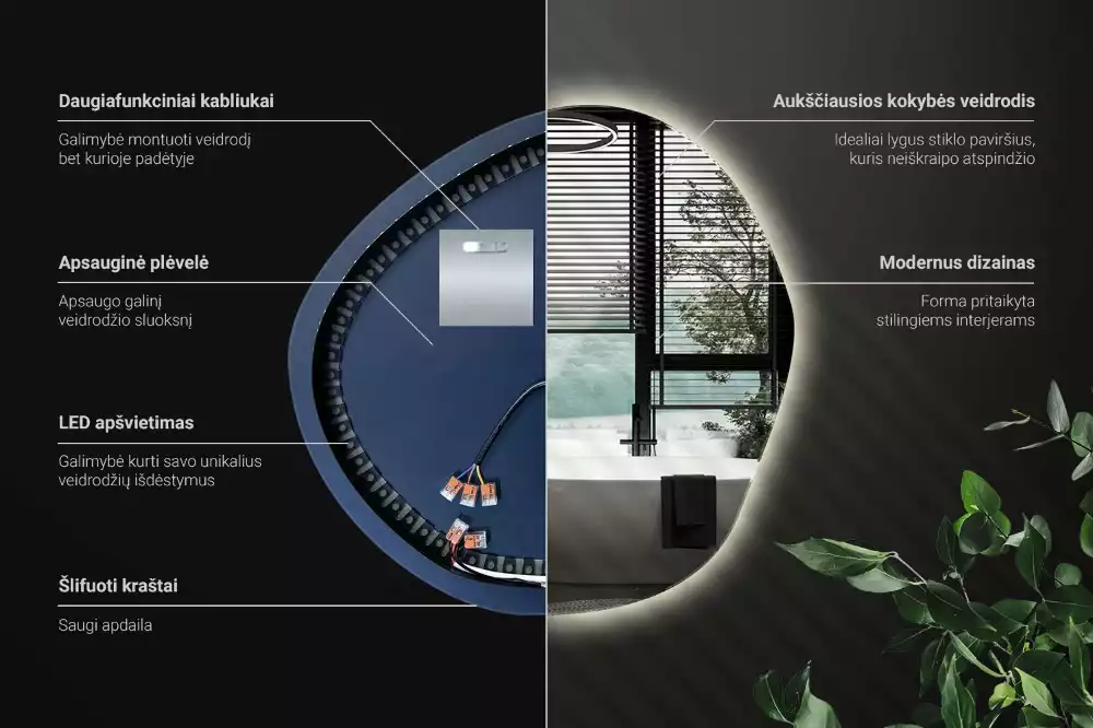 Nerovné podsvícené zrcadlo v minimalistickém stylu na zeď
