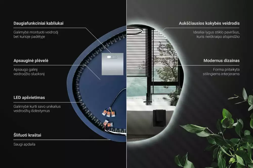 Nerovné podsvícené zrcadlo v minimalistickém stylu na zeď