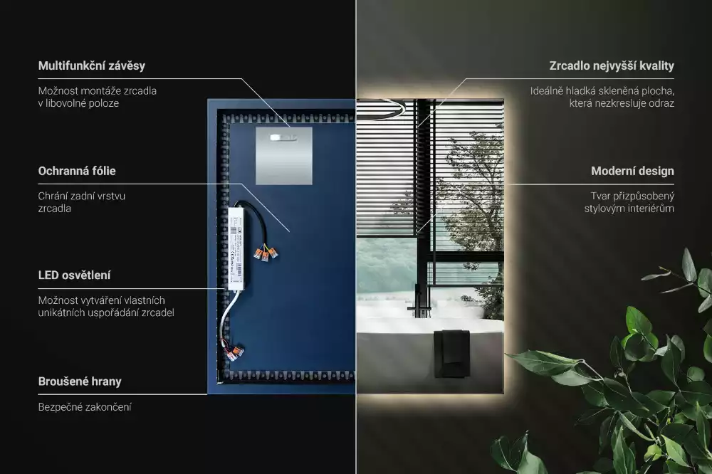 Čtvercové zrcadlo s LED v moderním provedení