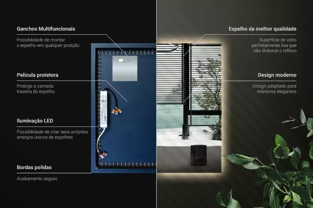 Čtvercové zrcadlo s LED v moderním provedení