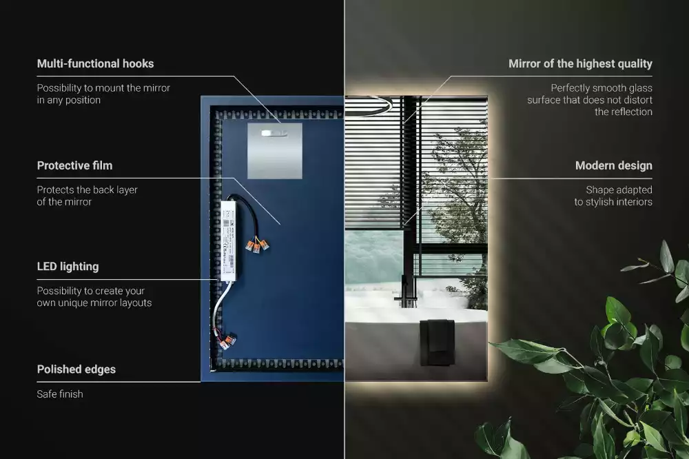 Čtvercové zrcadlo s LED v moderním provedení