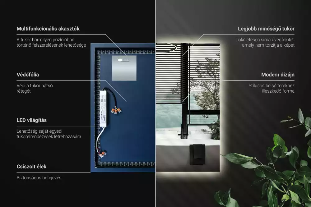 Čtvercové zrcadlo s LED v moderním provedení