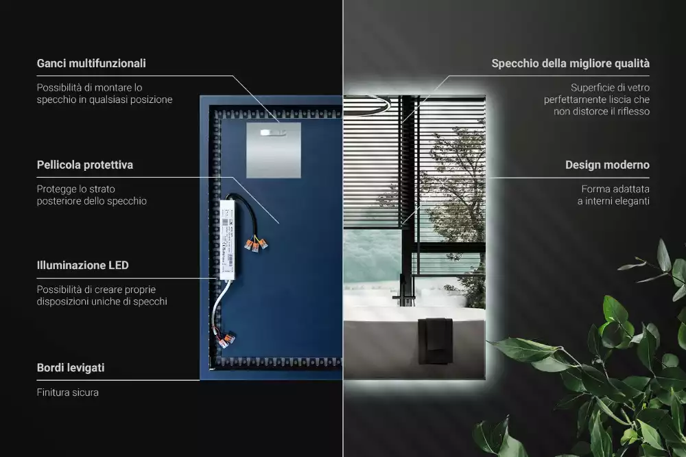 Čtvercové zrcadlo s LED v moderním provedení