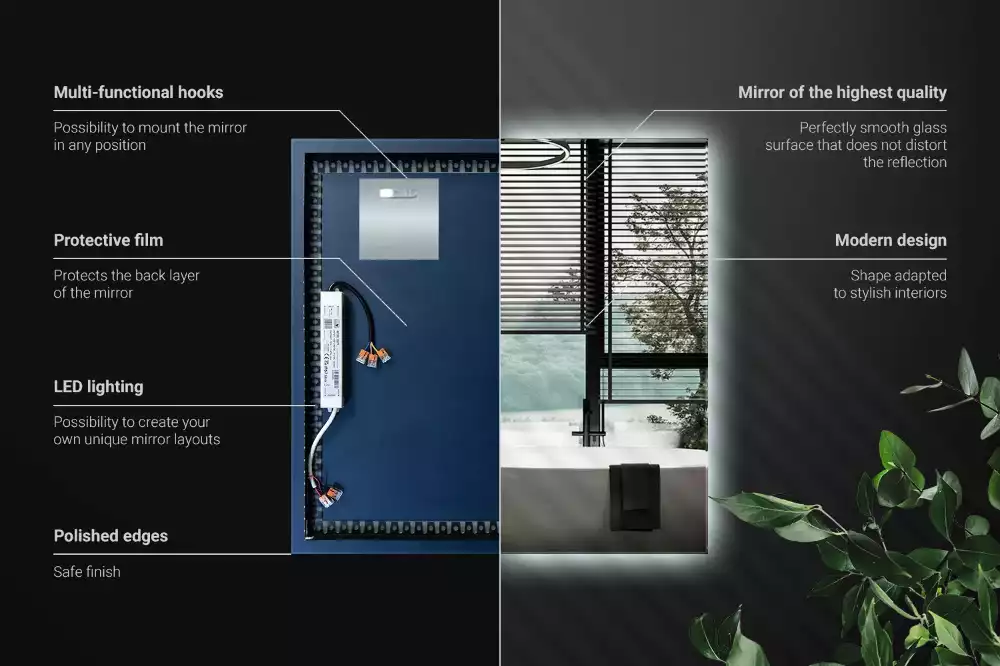 Čtvercové zrcadlo s LED v moderním provedení