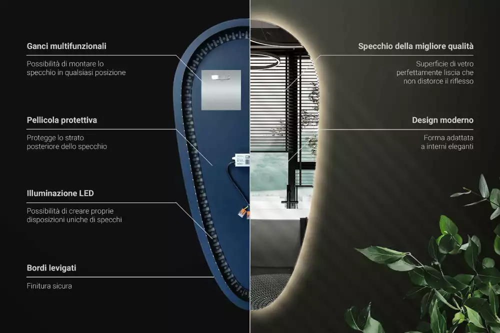 Led zrcadlo ve tvaru kapky jako dekorativní nástěnný prvek