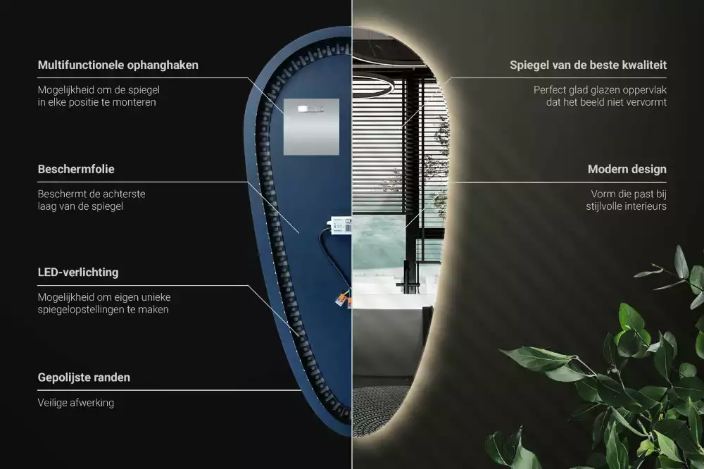 Led zrcadlo ve tvaru kapky jako dekorativní nástěnný prvek