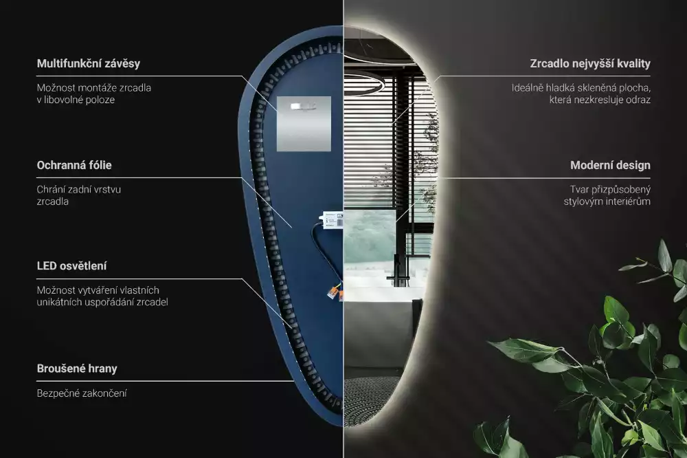 Led zrcadlo ve tvaru kapky jako dekorativní nástěnný prvek