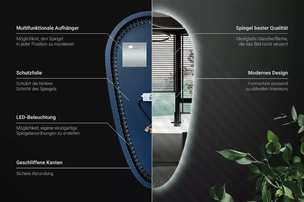 Led zrcadlo ve tvaru kapky jako dekorativní nástěnný prvek