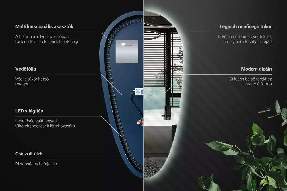 Led zrcadlo ve tvaru kapky jako dekorativní nástěnný prvek