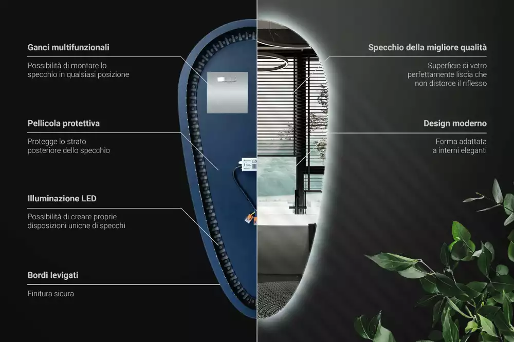 Led zrcadlo ve tvaru kapky jako dekorativní nástěnný prvek