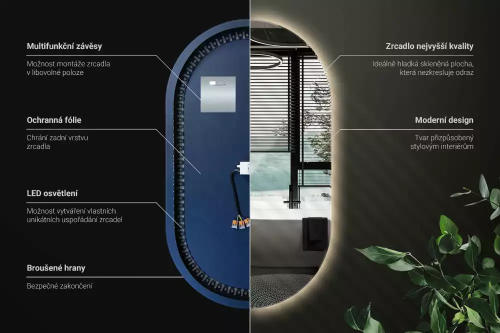 LED oválné zrcadlo elegantní nástěnné