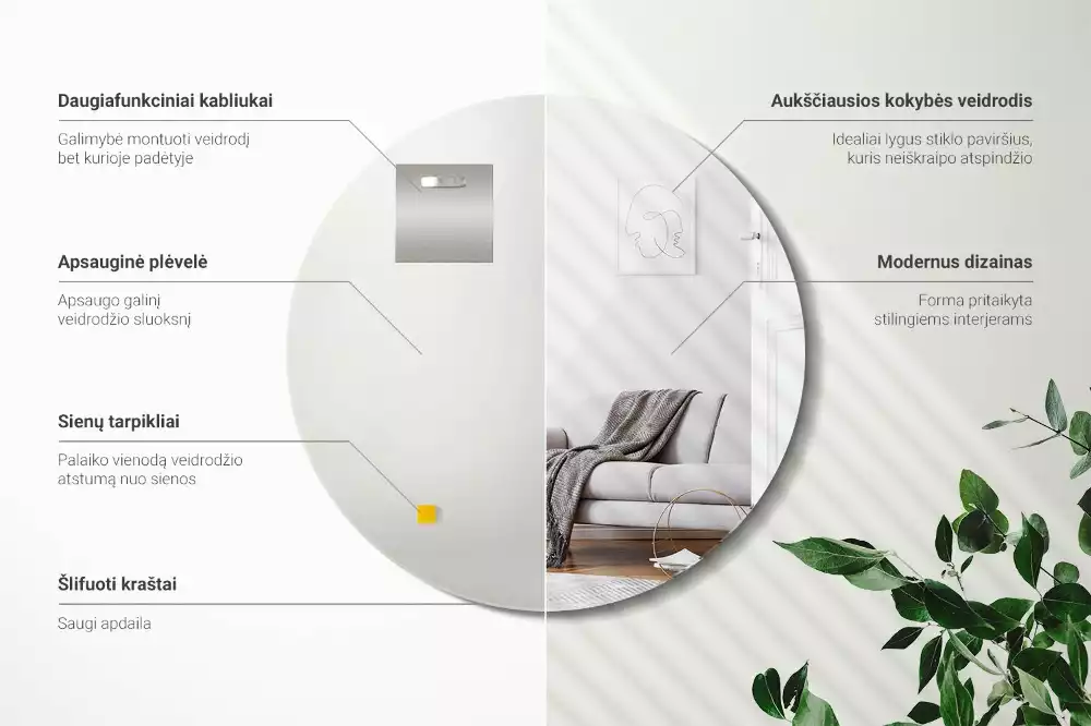 Kulaté zrcadlo na zeď s univerzálním designem