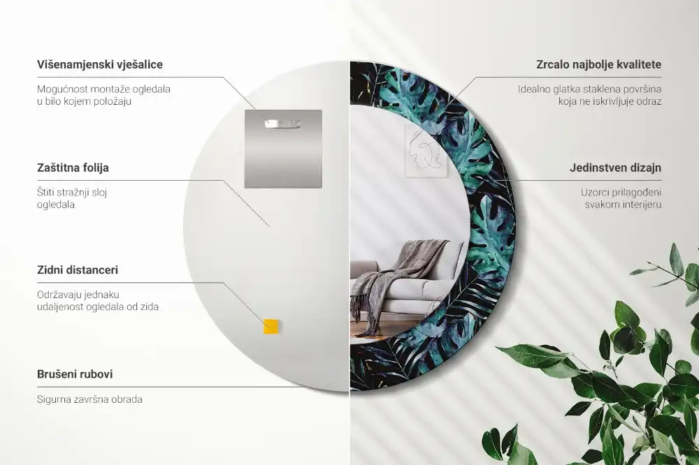 Kulaté zrcadlo tištěný rám exotické listy