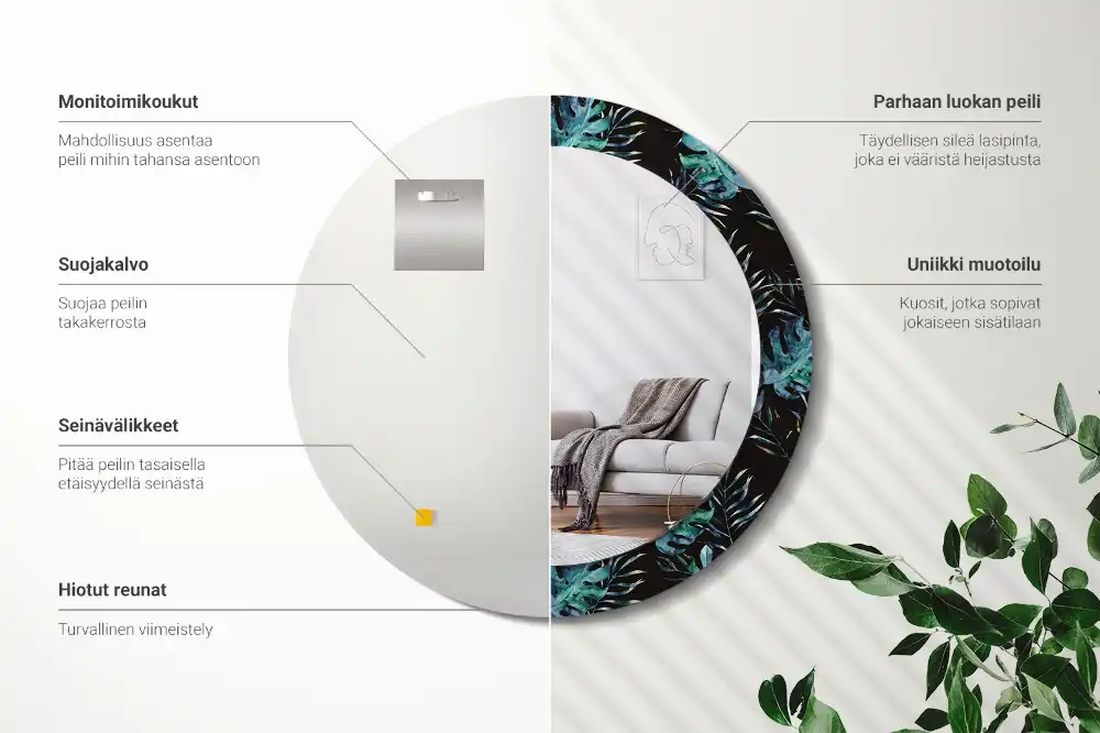 Kulaté zrcadlo tištěný rám exotické listy