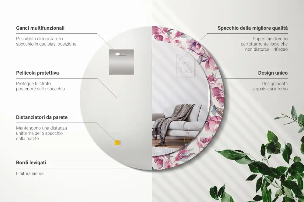 Kulaté dekorační zrcadlo na zeď květy pivoněk