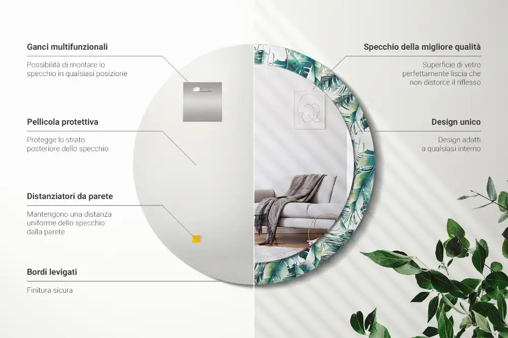 Kulaté dekorační zrcadlo na zeď lístky