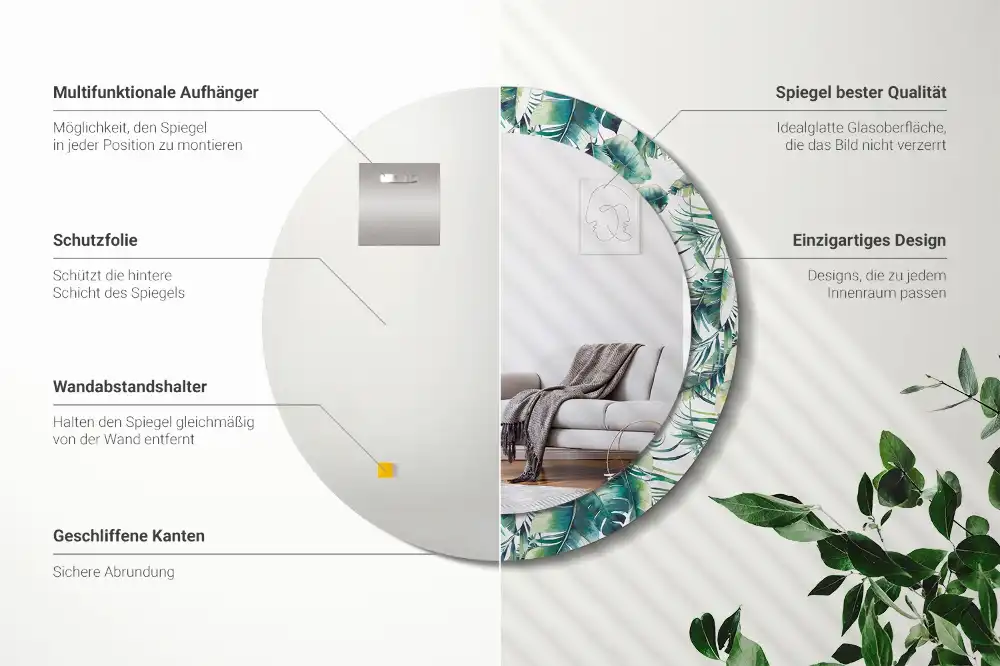 Kulaté dekorační zrcadlo na zeď lístky
