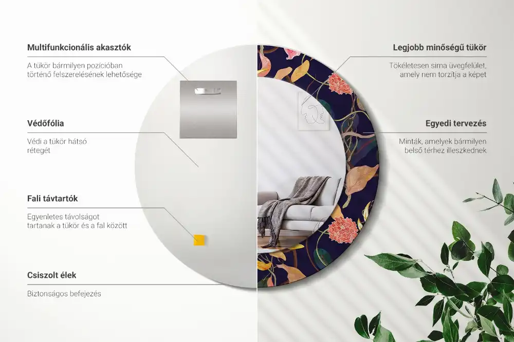 Kulaté dekorační zrcadlo na zeď akvarelové rostliny