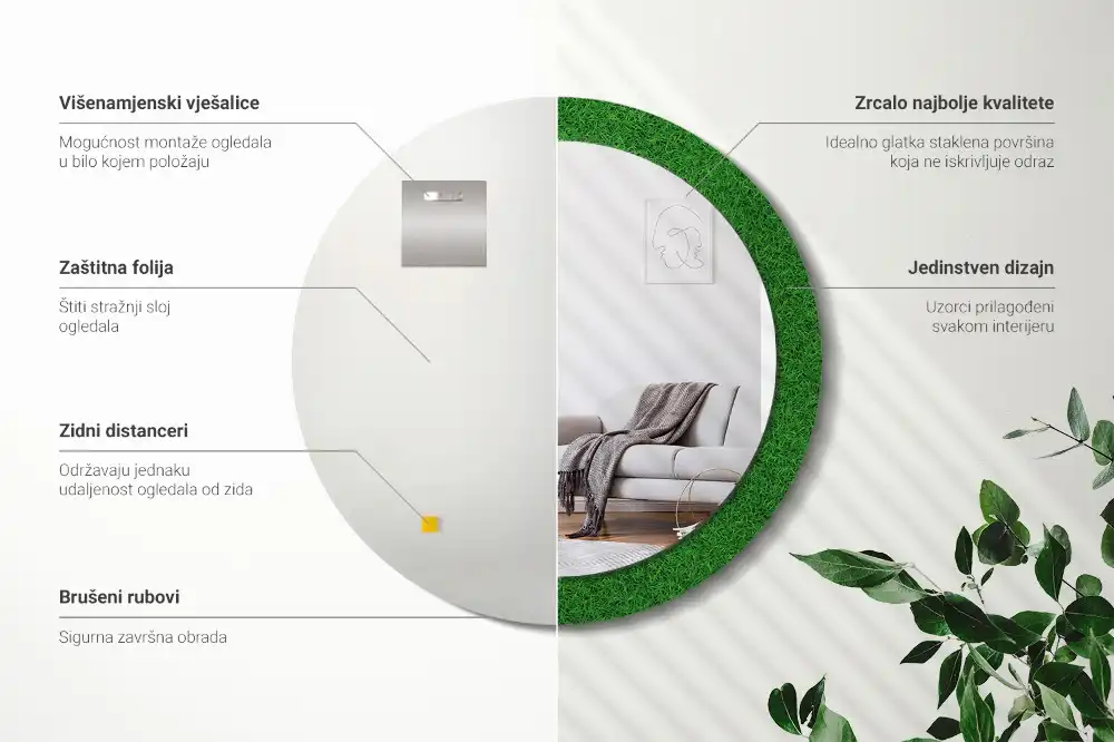 Kulaté zrcadlo tištěný rám zelená tráva