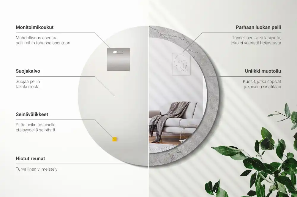 Kulaté zrcadlo tištěný rám šedý cement