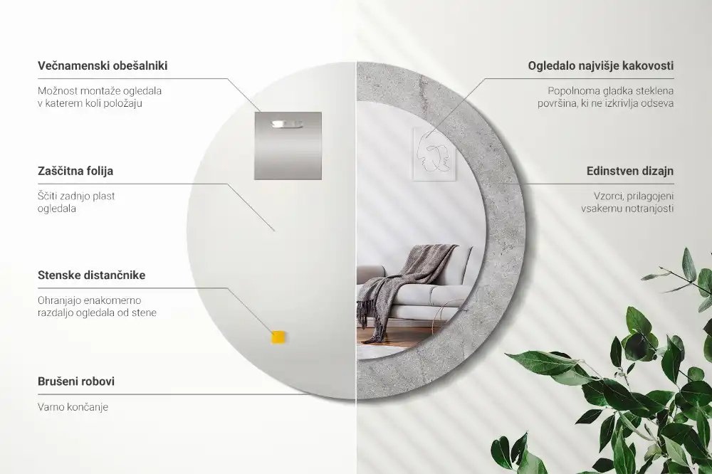Kulaté zrcadlo tištěný rám šedý cement