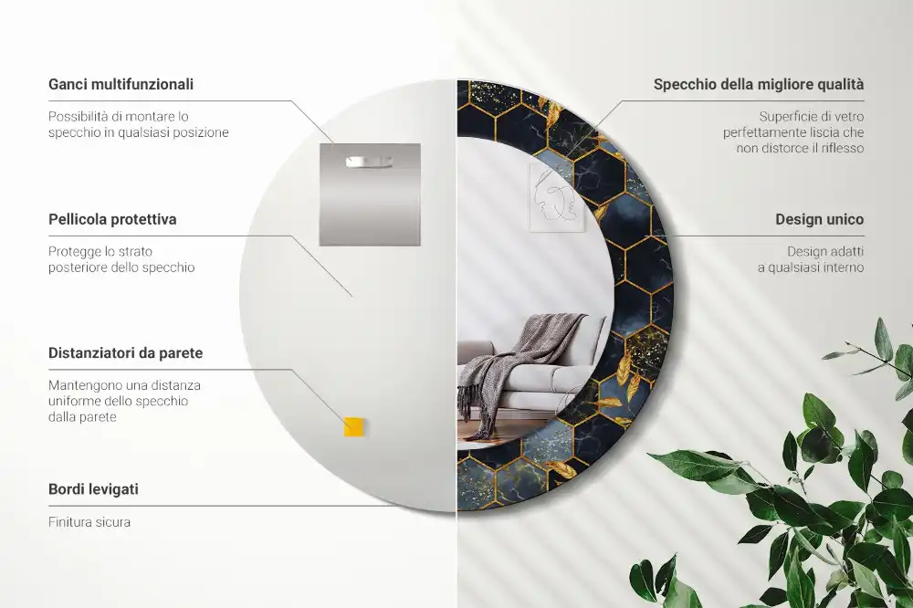 Kulaté zrcadlo tištěný rám hexagonální mramor