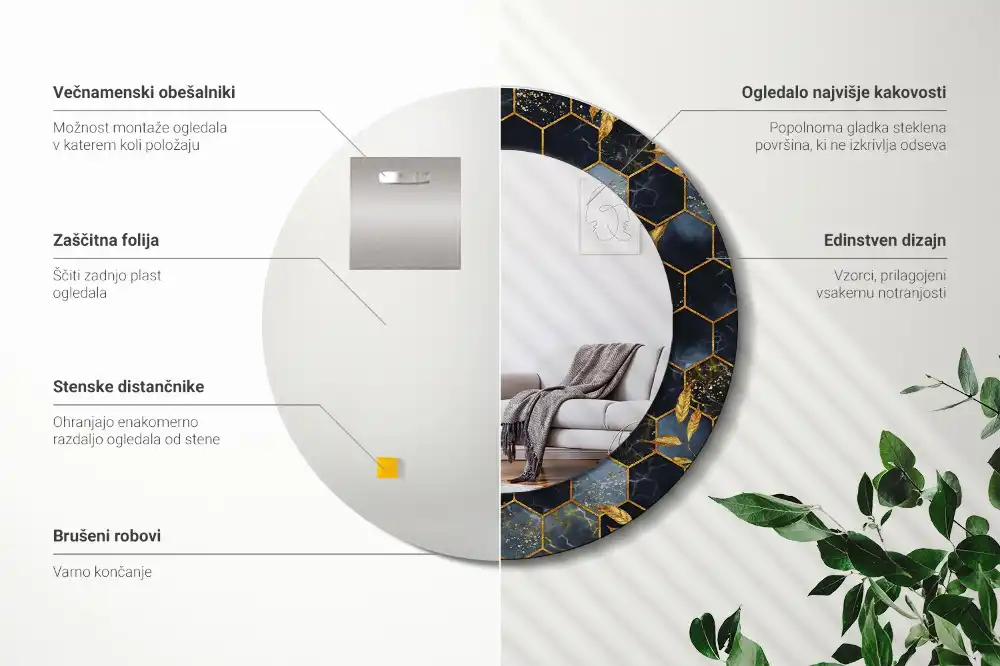 Kulaté zrcadlo tištěný rám hexagonální mramor