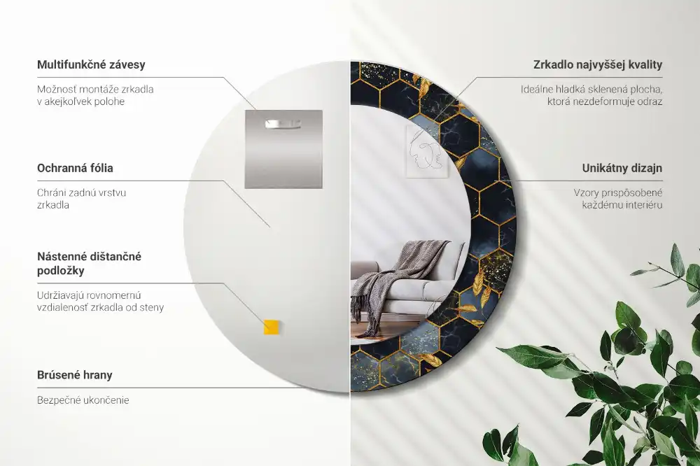 Kulaté zrcadlo tištěný rám hexagonální mramor