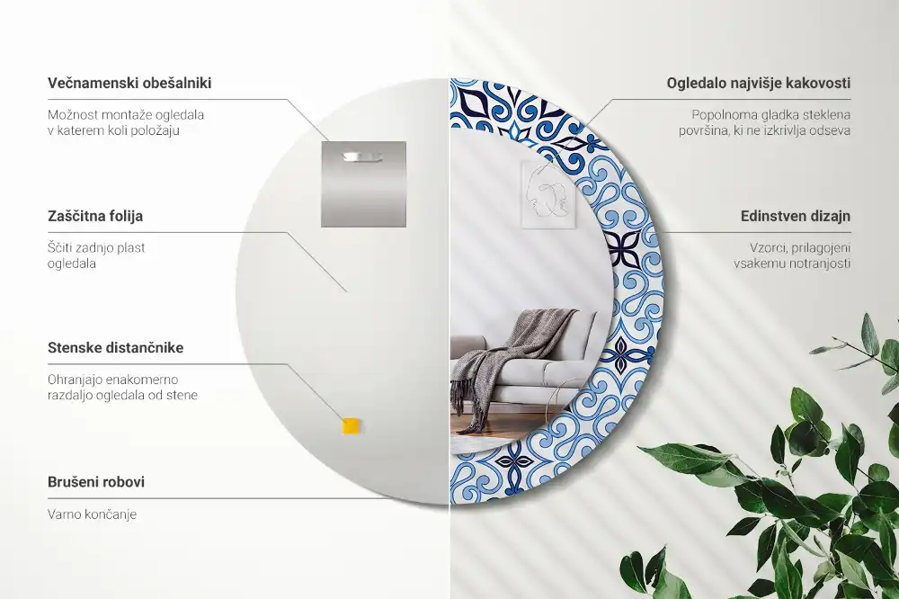 Kulaté dekorační zrcadlo na zeď arabský vzor modrý