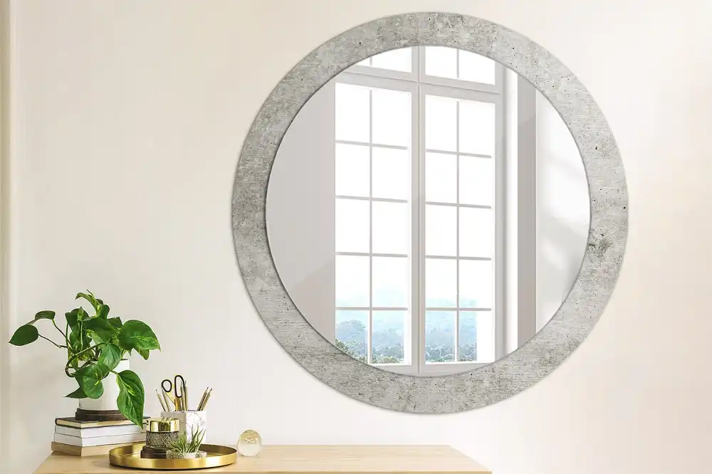 Kulaté zrcadlo tištěný rám šedý beton